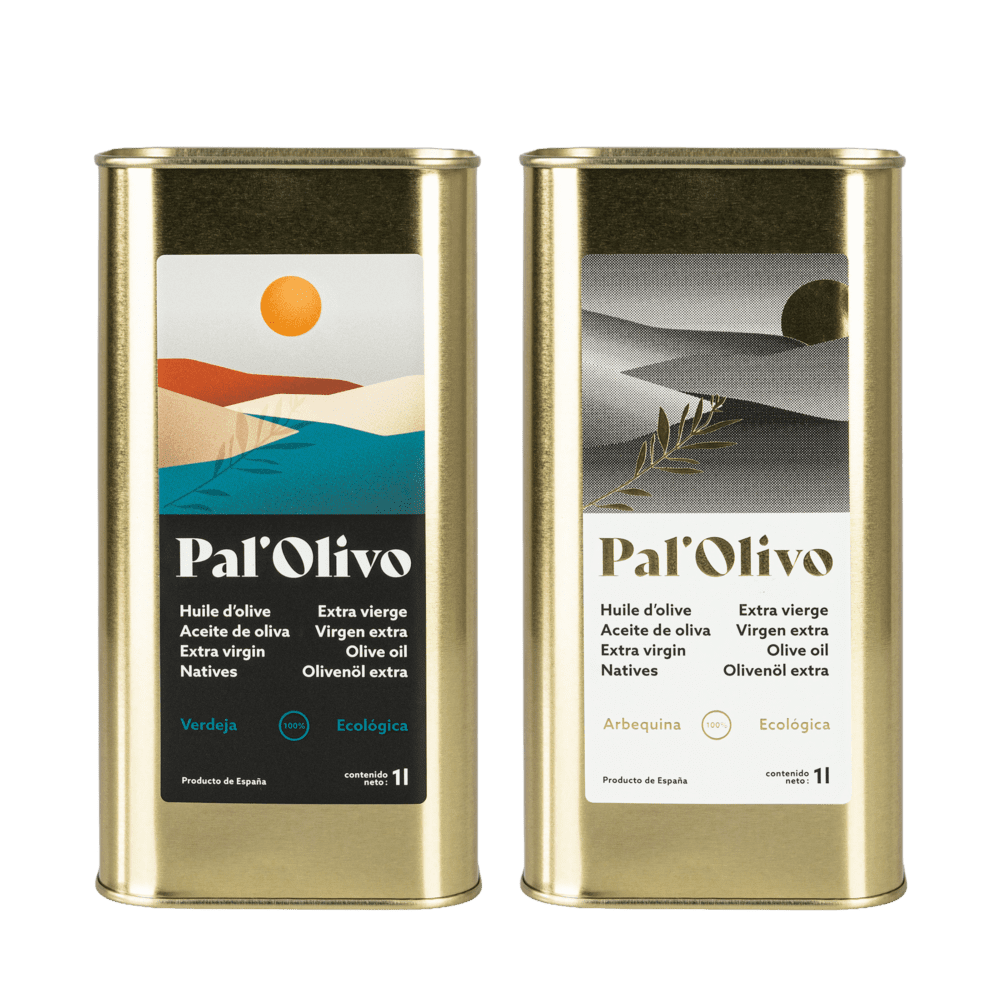 Duo de bidons d'huile d'olive bio 1L Pal'Olivo. Gauche : Variété Verdeja (Intense). Droite : Variété Arbequina (Douce). Emballage métallique doré premium.