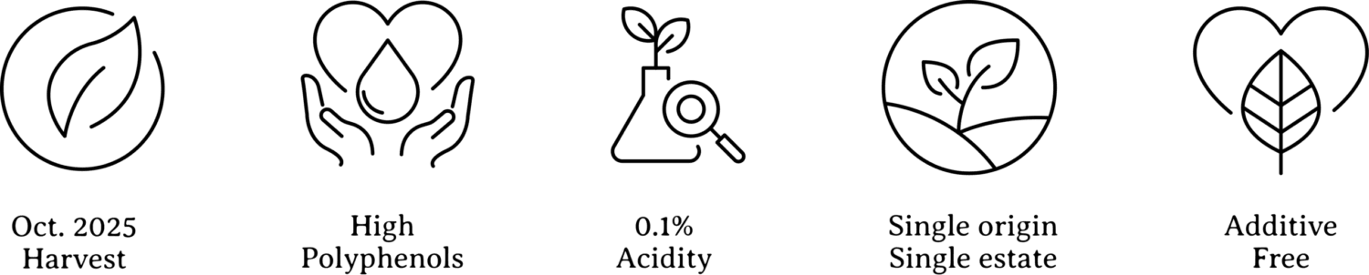 Icons Pal'Olivo, representing high polyphenols, low acidity and other nice attributes of their olive oil.