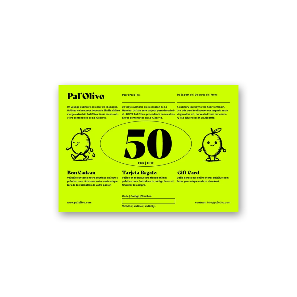 Bon cadeau Pal'Olivo d'une valeur de 50 euros ou francs suisses. Carte vert fluo multilingue avec les mascottes olives, valable pour l'achat d'huile d'olive bio sur palolivo.com.